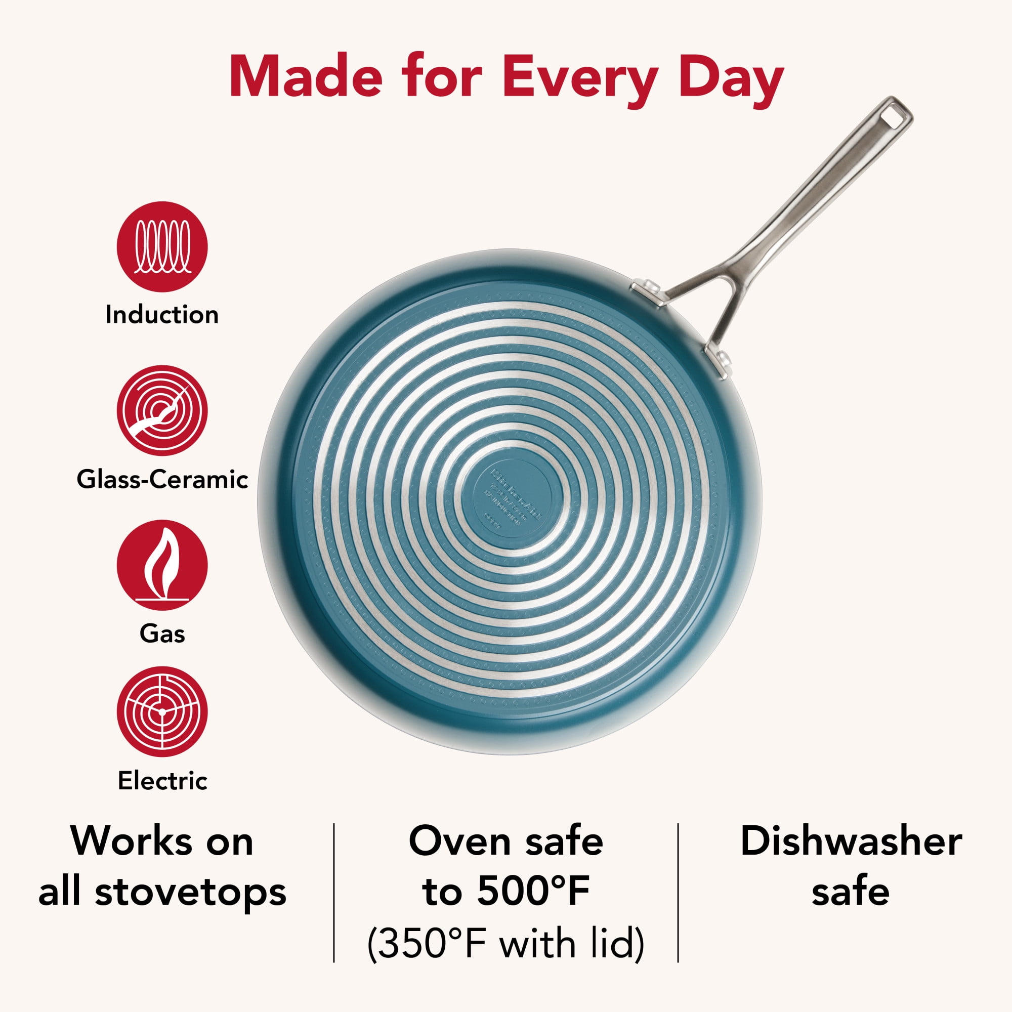KitchenAid Hard-Anodized 12.25 Inch Ceramic Induction Skillet with Lid, Dishwasher Safe and Oven Safe to 500°F, Agave Blue