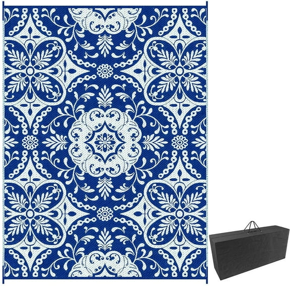 GVN Floor Rug,Indoor Door Mat,Reversible Outdoor Rug, 9'x 12' Waterproof Straw Floor Mat, Portable RV Camping Carpet, Blue & White Floral