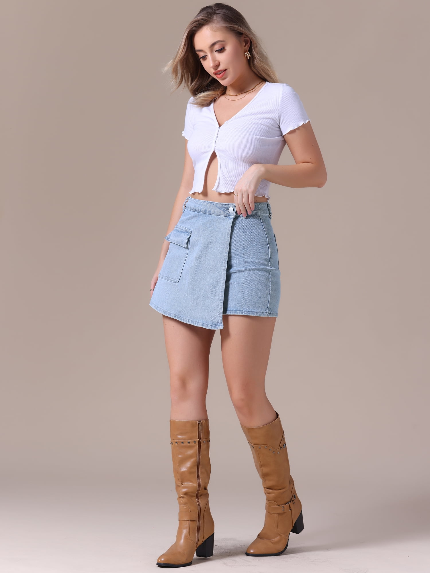 DARING DIVA Women's High Waist Western Asymmetrical Denim Cargo Skirt 2XL Light Blue