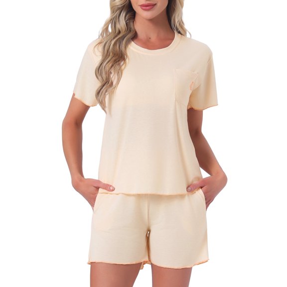 DARING DIVA Women's Pajama Set with Built-in Bra and Shorts Comfy Lounge Set M Beige