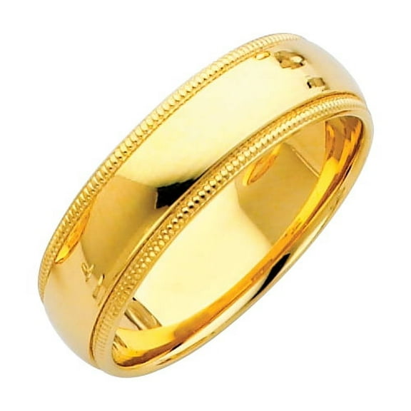 Solid 14k Yellow Gold Ring Mens Plain Wedding Band Milgrain Classic Comfort Fit Polished, 6 mm Size 5