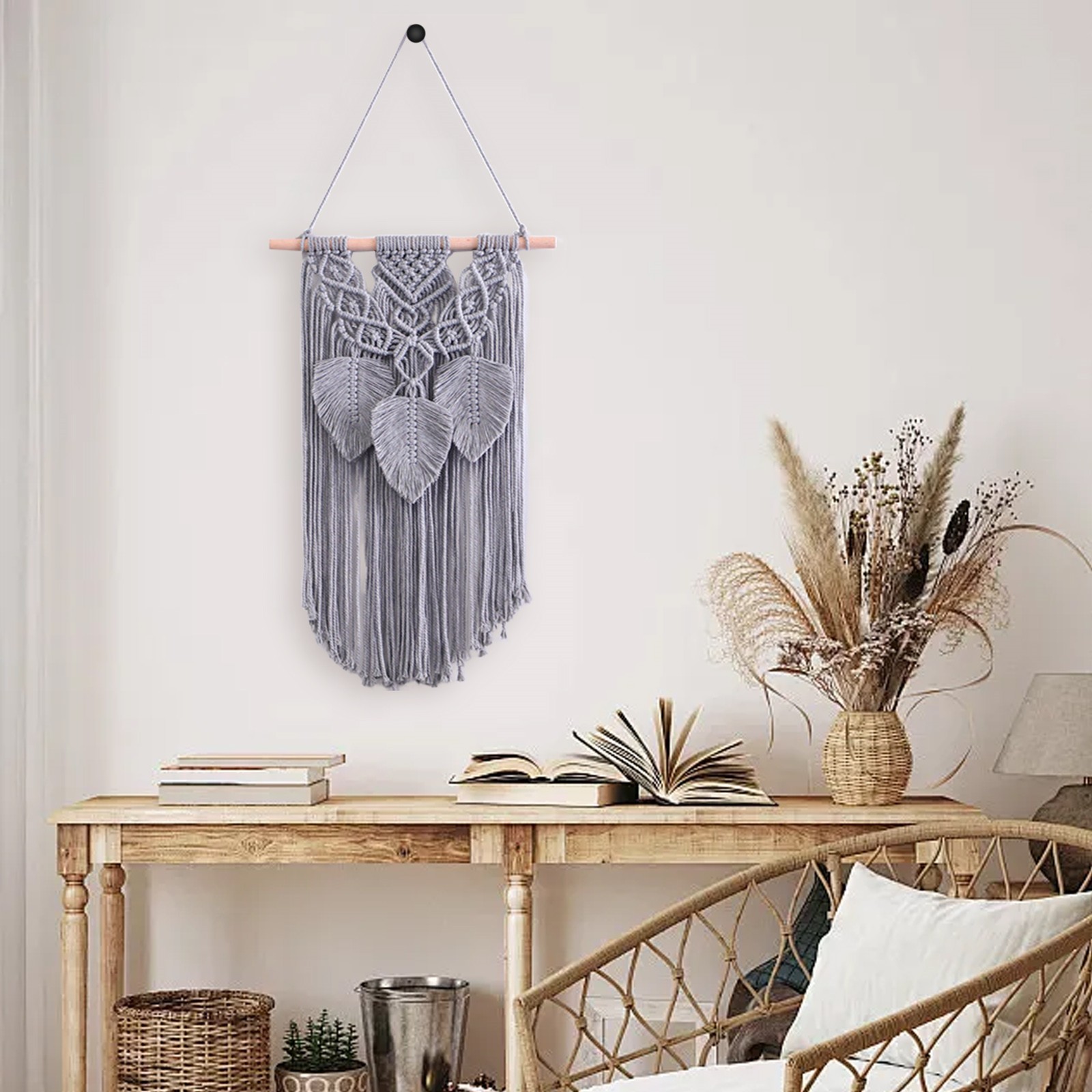 Nanoei Wall Hanging Decor, Cotton Rope Tassel Tapestry Hand Woven, Bohemian Macrame Wall Art for Living Room Bedroom Dorm Home Decor Grey