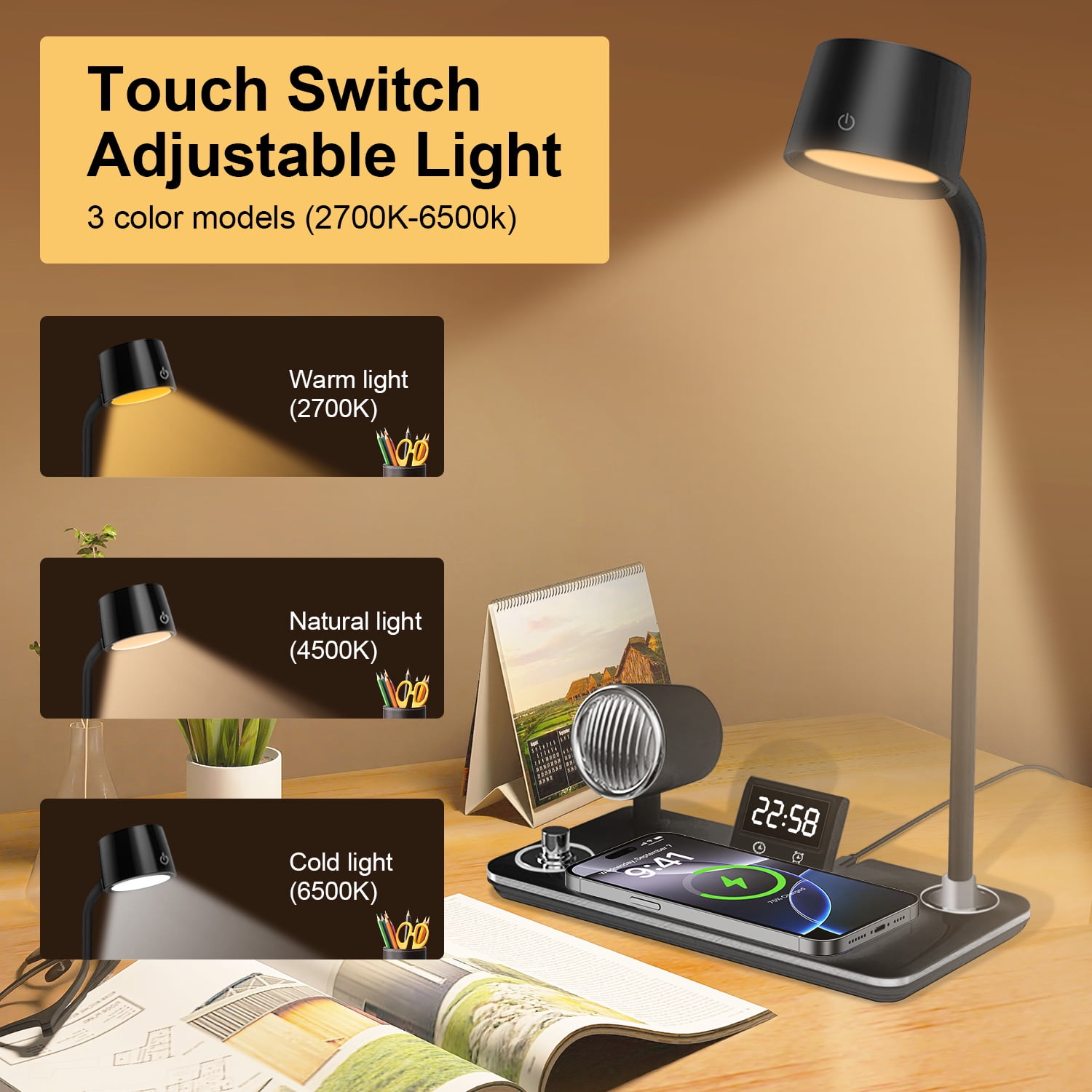 LED Desk Lamp, 4 in 1 Multifunction Table Lamp with Wireless Charger, Bluetooth Speaker Digital Clock, 360° Adjustable Gooseneck Arm with 3 Color Modes Dimmable Lamp for Home Office Bedroom, Black