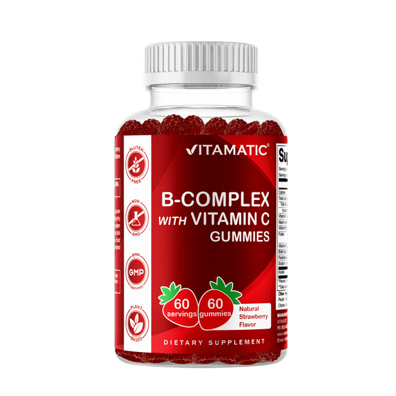 Vitamatic Vitamin B Complex Gummies with Vitamin C & Inositol - Natural Strawberry Flavor - 60 Gummies