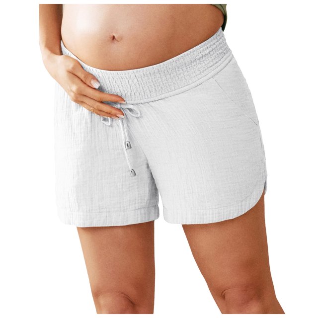 Zmoon Women's Maternity Drawstring Solid Color Elastic Waist Double Layered Crepe Pocket Sports Shorts