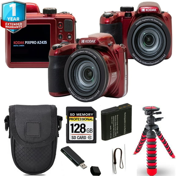 Kodak PIXPRO AZ425 Digital Camera (Red) Spider Tripod 1 Yr Warranty - 64GB