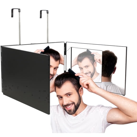 Feisate 3 Way Mirror for Hair Cutting, Barber Mirror Self Cut to See Back of Head, Self Haircut Mirror, 360 Mirror for Haircuts for Men, Height Adjustable, Black (No LED)
