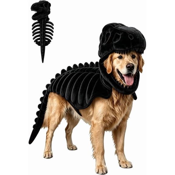Pet Dinosaur Costume with Glow-in-the-Dark Skeleton, Soft Plush T-Rex Outfit for Medium & Large Dogs, Prehistoric Cosplay Clothes with Skull Headpiece & Flexible Tail, Machine Washable
