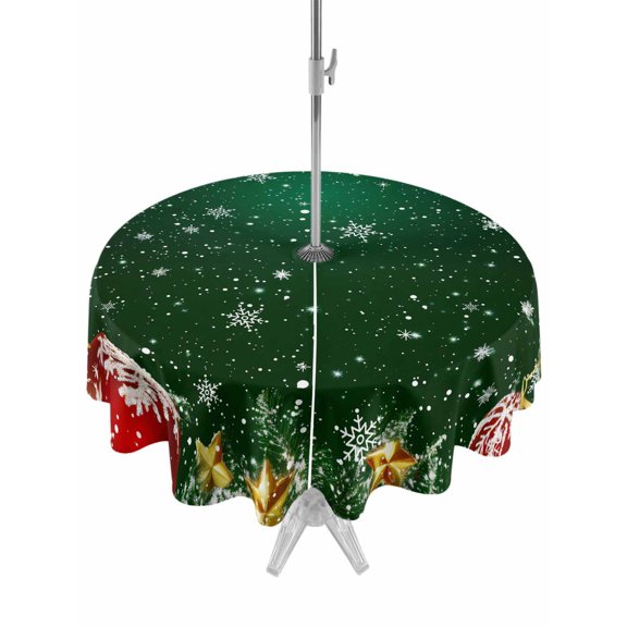 Outdoor Table Cloth with Umbrella Hole and Zipper, Christmas Green Waterproof Round Tablecloth 54 Inch, Winter Gold Star Red Xmas Balls Snowflake Washable Table Cover for Outside Party Patio Picnic