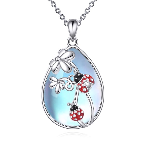Ladybug Necklace 925 Sterling Silver Ladybug Daisy Pendant Moonstone Teardrop Jewelry Gifts for Women Mom