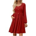 thumbnail image 3 of Meichang Women's Sweater Dress Lantern Long Sleeve Scoop Neck Button Casual Ribbed Knit Dresses Casual A Line Swing Knee Length Sweater Dresses with Pockets, 3 of 5