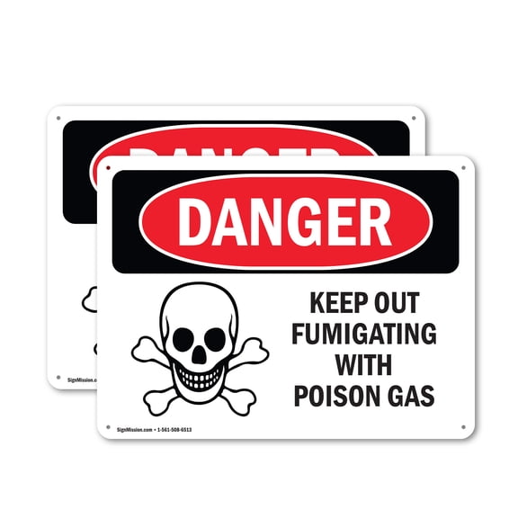 (2 Pack) Keep Out Fumigating With Poison Gas OSHA Danger Sign 10 Inch X 7 Inch Indoor / Outdoor Rust-Free Aluminum Metal Signs for Workplace, Workshop, and Construction Site, Made in