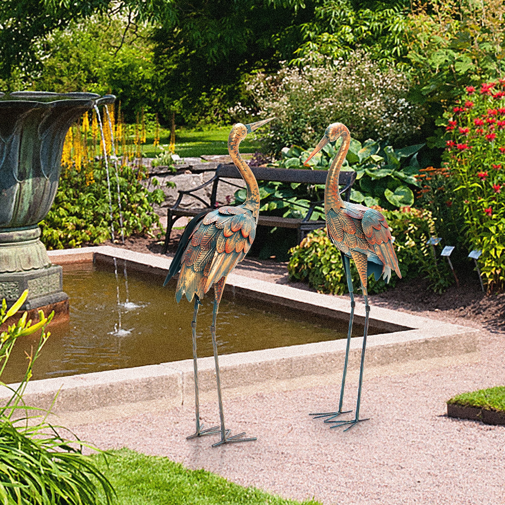 Costway 2-Piece Metal Crane Garden Statue Sculpture Set Outdoor Yard Lawn Decoration