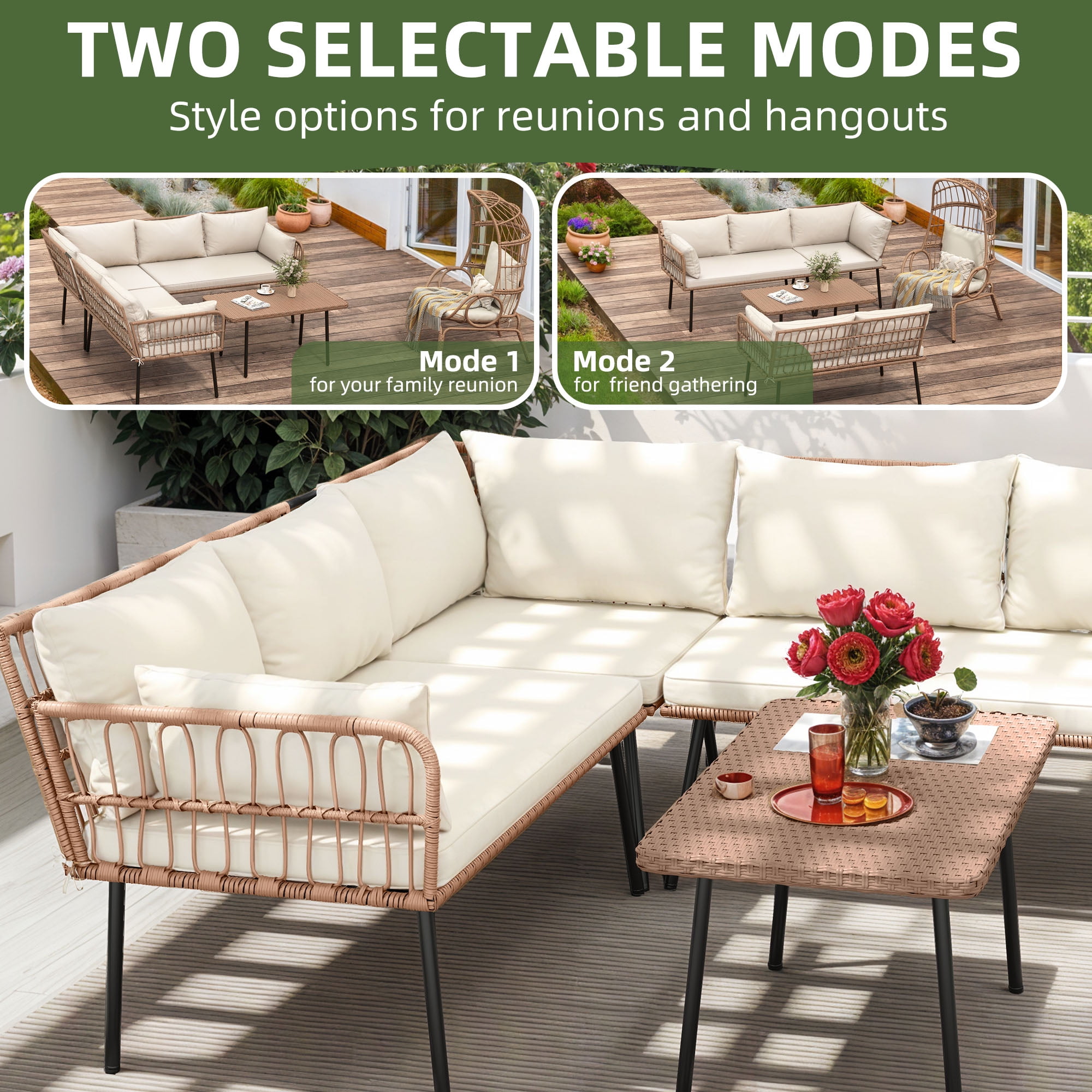Uforic 4 Pieces Patio Conversation Set,Wicker Outdoor Furniture Set, All-Weather PE Rattan Sectional L-Shaped Sofa with Coffee Table - Beige