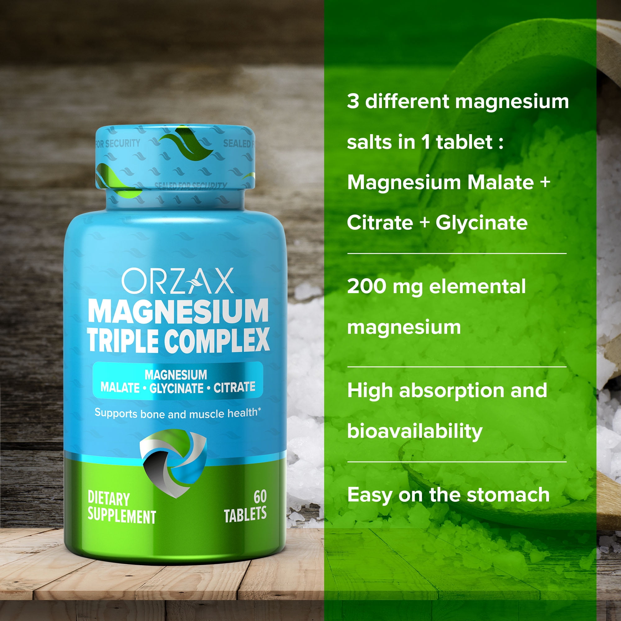ORZAX Magnesium Complex, Vegan 200 mg Triple Mag Glycinate, Malate & Citrate, High Absorption,  Gluten & Dairy Free, 60 Tablets