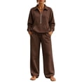 thumbnail image 3 of Mfakffe Womens 2‑Piece Casual Outfit Half‑Zip Collared Top and Wide Leg Pants Set Loose Relaxed Matching Tracksuit for Daily Wear, 3 of 6