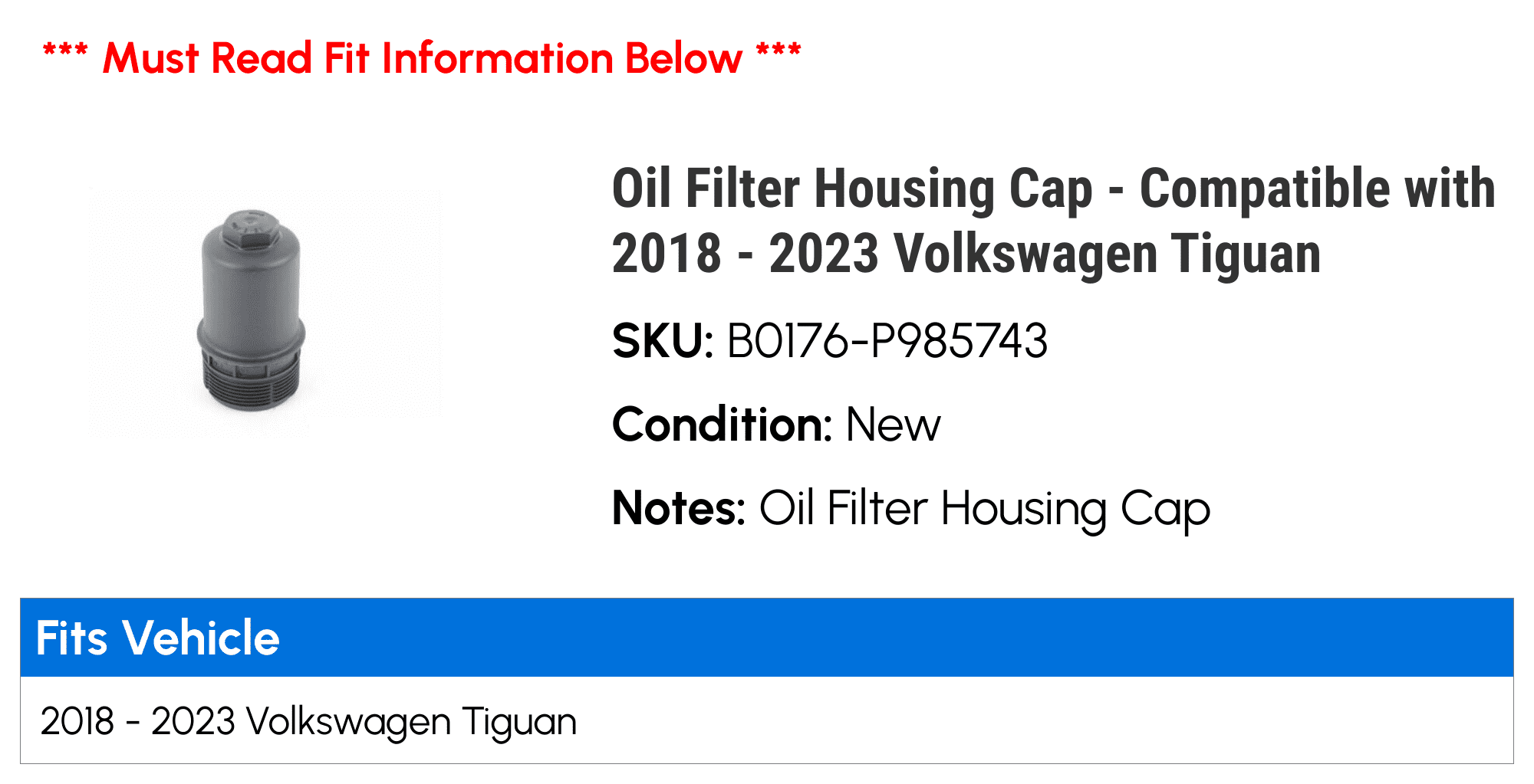 Oil Filter Housing Cap - Compatible with 2018 - 2023 Volkswagen Tiguan 2019 2020 2021 2022