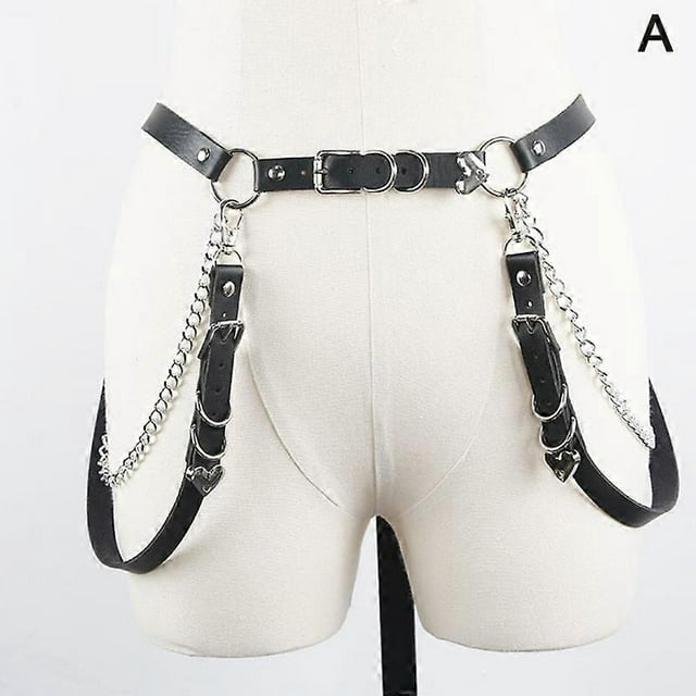 Women Gothic Waist Belt Faux Leather Straps Chain Punk Choker Leg Ring Jewelry Conbo