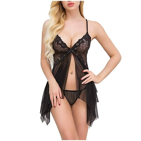 Odeerbi Mesh See Through Pajamas for Women 2025 Sexy Lingerie Lace V-Neck Camis Bowknot Attractive Babydoll Underwear Sleepwear Nightdress Black