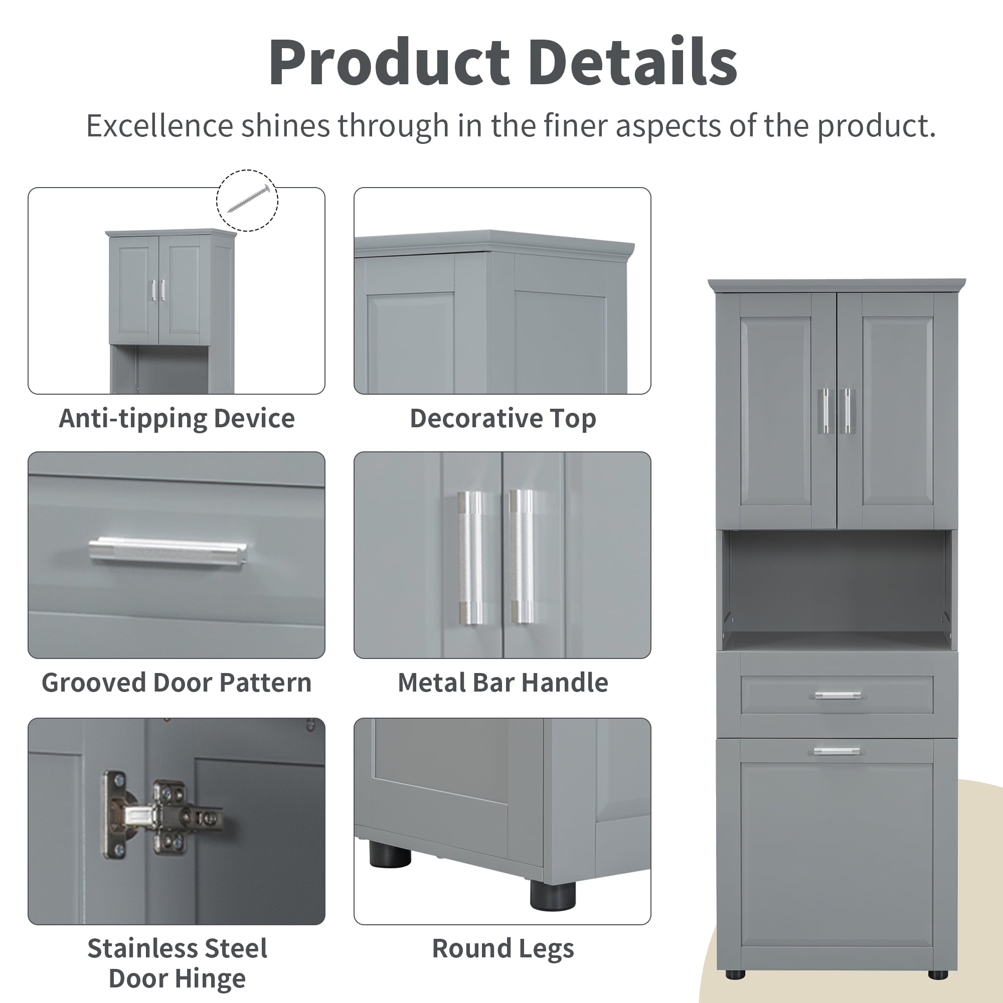 Leumius 70" Tall Bathroom Storage Cabinet with Drawer & Laundry Basket，Modern Freestanding Tilt-Out Laundry Hamper and Upper Storage Cabinet,Grey