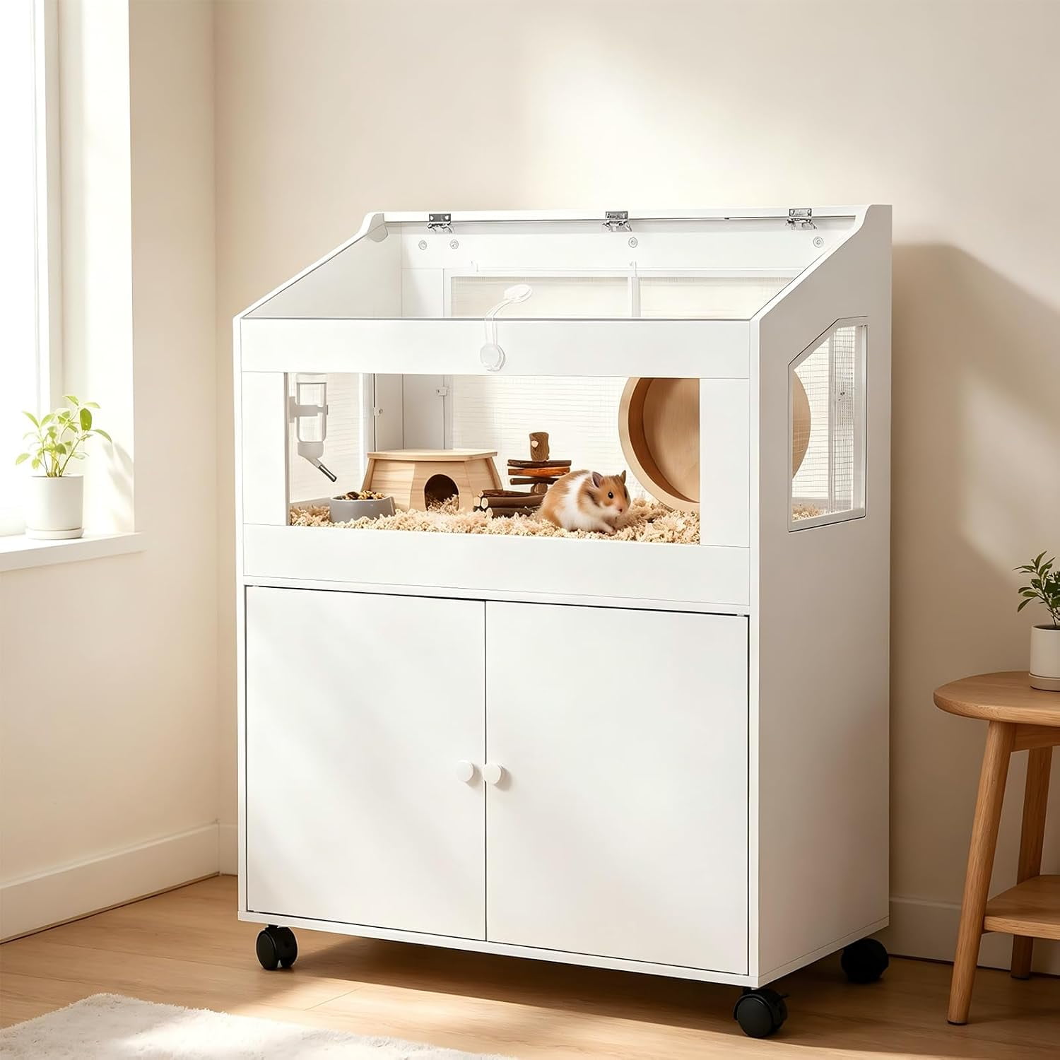 Secure Hamster Enclosure with Storage Cabinet Acrylic Panels Escape Proof Ventilated Hamster Habitat Lockable Wheels Large Space for Small Rodents