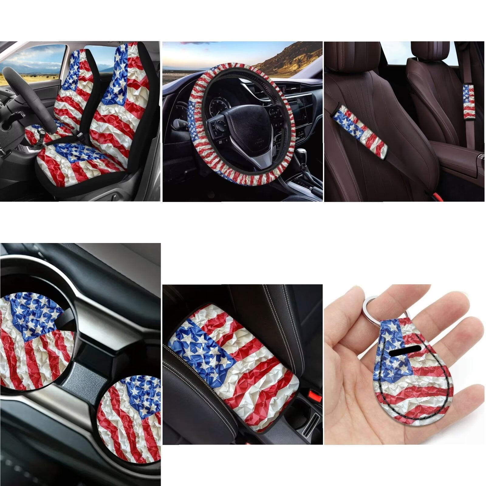 LedBack American Flag Car Seat Cover Full Set for Women Men, Non Slip Seat Covers with Steering Wheel Cover Armrest Pads Seat Belt Cover Coaster Universal Fits Most Vehicles Car Accessories