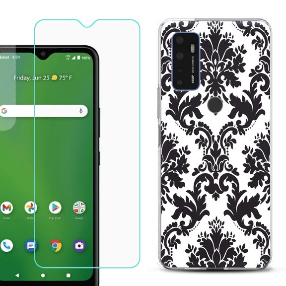 Slim-Fit Gel TPU Phone Case for Cricket Dream 5G, with Tempered Glass Screen Protector, by OneToughShield ® - Victorian White/Black