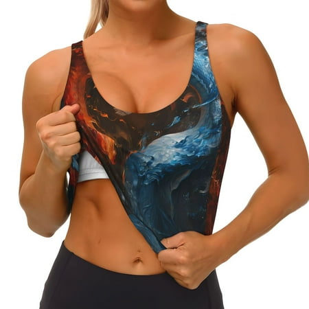 Qokaie Red And Blue Fire Dragon F Pattern Womens Scoop Neck Sports Bra Breathable Workout Vest Padded U Back Medium Impact Fitness Gym Yoga Bra Workout Crop Top