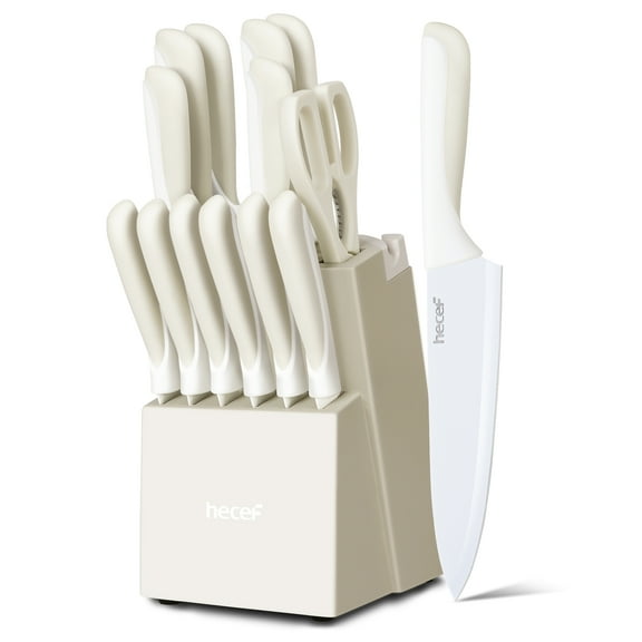 Juego de Cuchillos de Cocina hecef de 15 Piezas con Recubrimiento Antiadherente - Beige