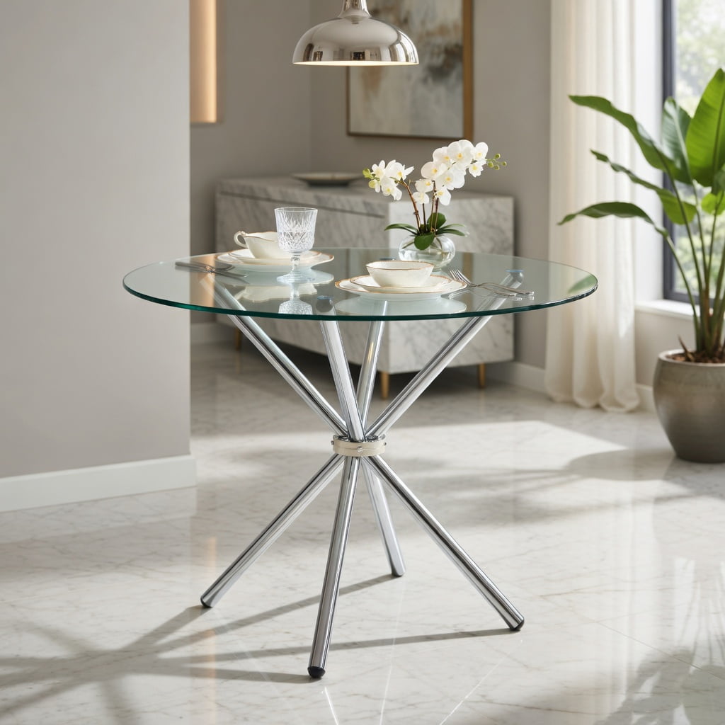 Hommoo Modern Round Clear Glass Dining Table for 4-6 People, 36.6" Diameter, Ring Metal Legs, Space-Saving Design for Dining Room, Kitchen, Balcony & Home Office, Silver