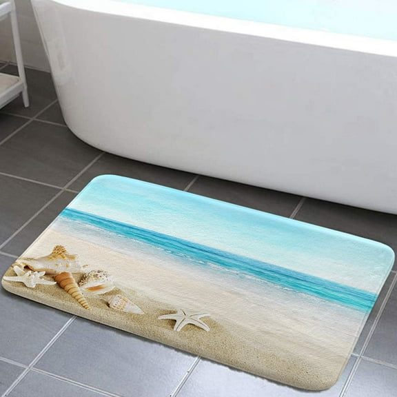Beach Flannel Non Slip Mat Rug,Summer Blue Sea Bathroom Rugs,Tropical Ocean Bath Mat for Bathroom,Shell Starfish Bathroom Kitchen Door Mat,17X29in