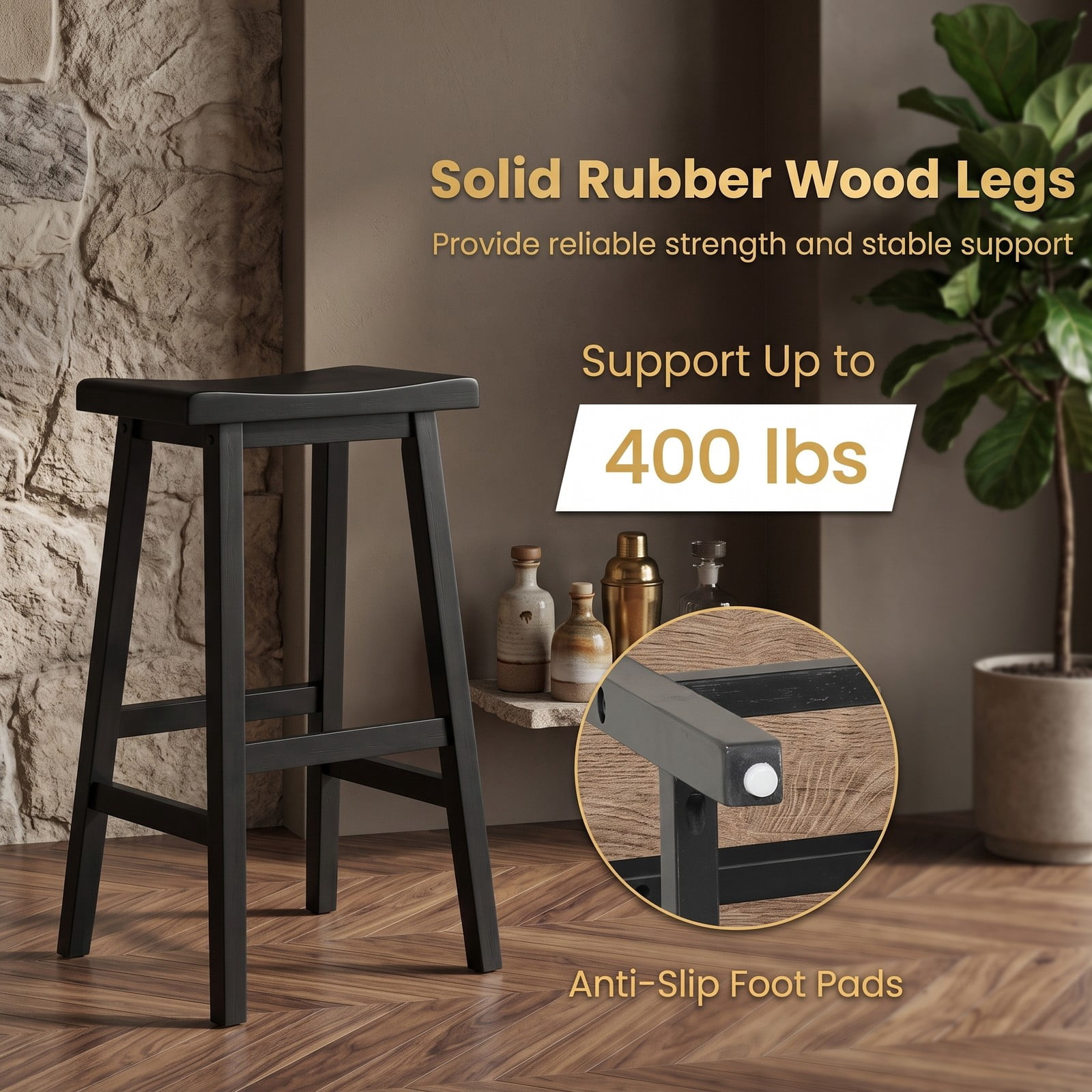 Furnibear 24 Inch Counter Height Bar Stools Set of 2, Solid Wood Saddle Backless Kitchen Island Stools with Footrest and Anti-Slip Pads, 400 lb Capacity, Black