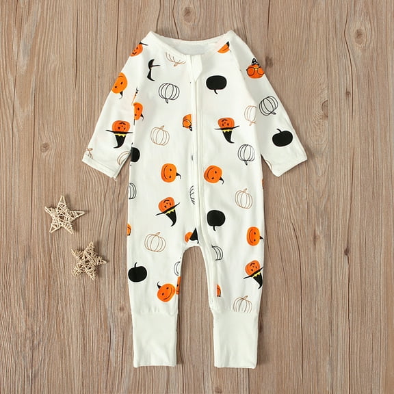 TMOYZQ Toddler Newborn Infant Baby Girls Boys Halloween Long Sleeve Romper Jumpsuit Pajamas Outfits Kids Pumpkin Printed One-Piece Bodysuit Summer Fall Sleeper Clothes(0-24M)