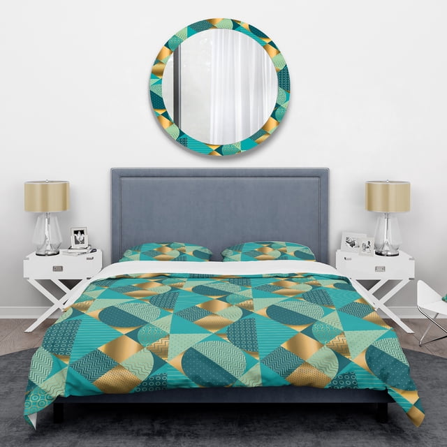 Designart « Gold and Blue Dynamics II » Ensemble de Housse de Couette Style Mi-Siècle