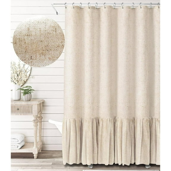 Psoiuetr Farmhouse Shower Curtain with A Ruffle Hem Beige Natural Linen Shower Curtain for Bathroom 72"x72"
