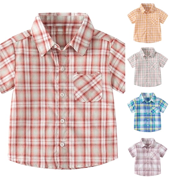 OSOLU Boys Shirt Turndown Collar Short Sleeve Plaid Check Print with Pocket Full Button Casual Tops