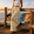 thumbnail image 5 of Womens Linen Lace Trim Pants Summer Boho Elastic Waist Wide Leg Palazzo Pants Flowy Pull on Vacation Beach Pants, 2XL, 5 of 5