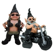 Homestyles "Biker Babe & Dude" the Biker Gnome Riding His Black Bike in Leather Motorcycle Gear Large Outdoor Garden Statue 14.5"H and 12"H