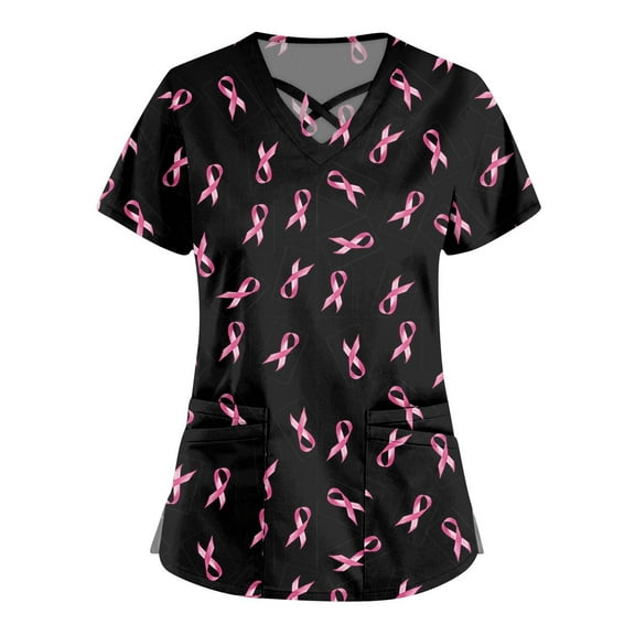 WTOBBY Women's Fashion Cross V-Neck Short Sleeve Work Overalls with Double Layer Pockets Printed Scrub Top, Functional Nursing Uniform Apparel Comfortable for Healthcare ,Black L