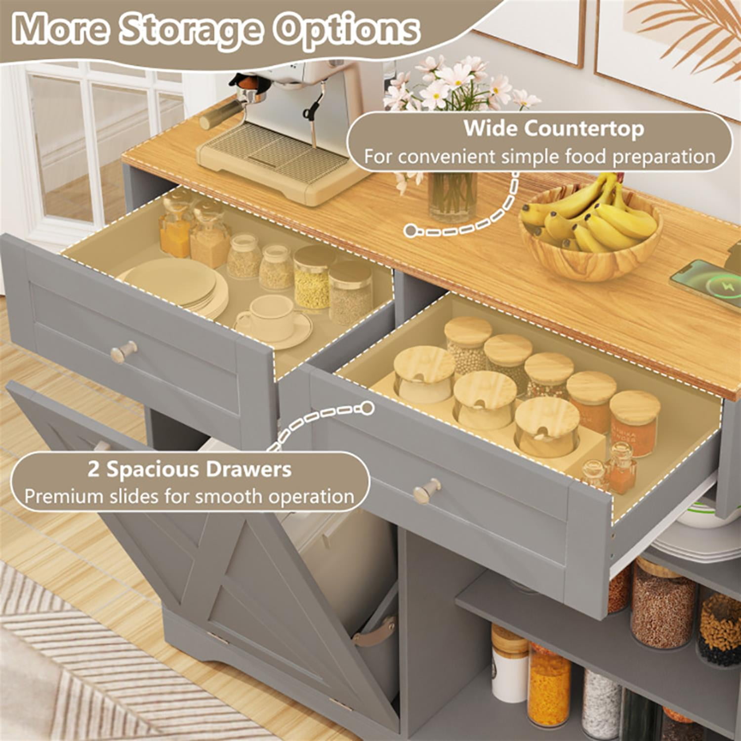 Demi Bonn Modern 2 Drawer Storage Cabinet for Entryway with Outlets and Adjustable Shelf, Tilt Out Trash Can Cabinet of Hallway, Gray