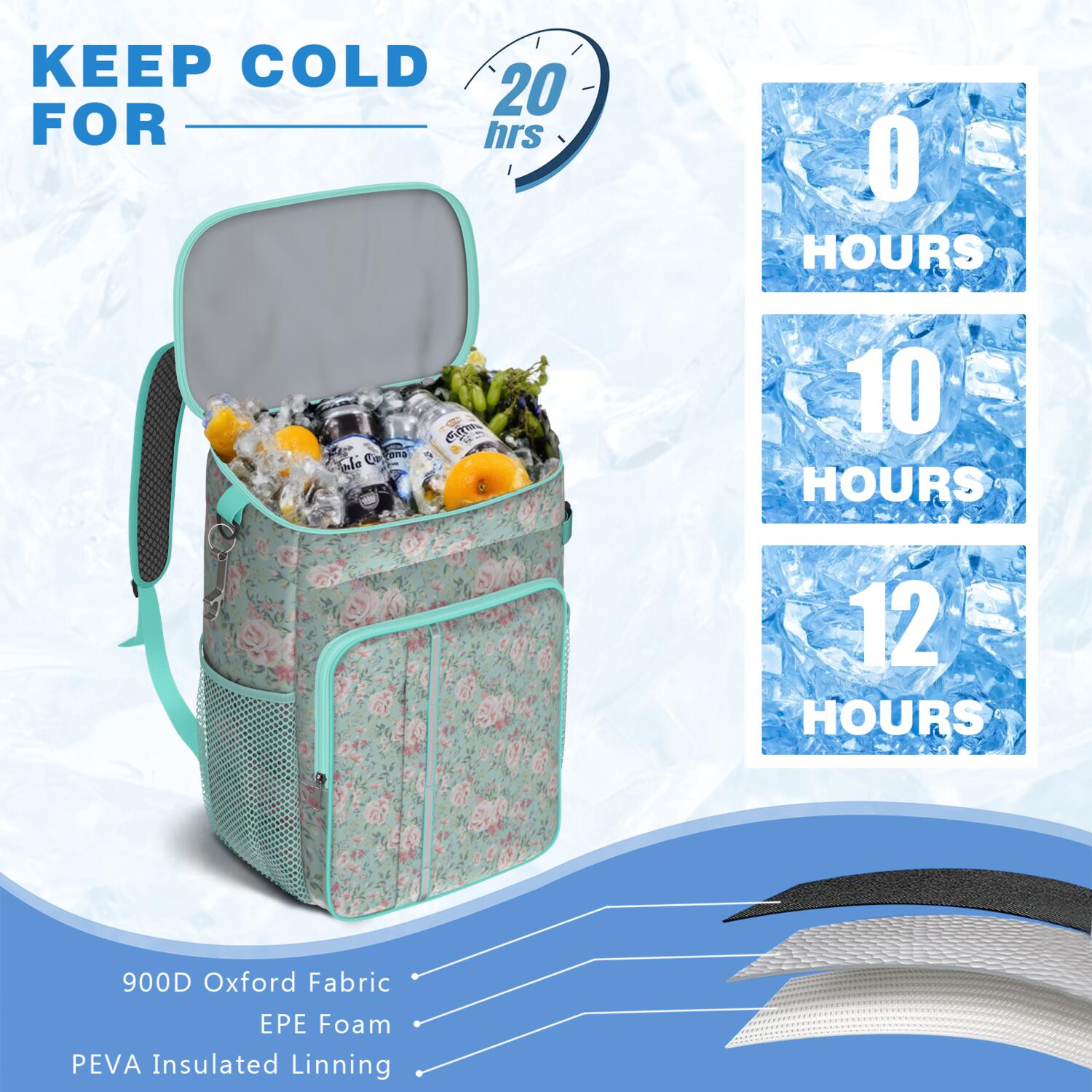 Travel Cooler Bag - Pioneer Flower Floral Print Pattern Camping Beer Cooler Backpack with Bottle Opener- Waterproof Insulated Picnic Backpacks - Cooler Bag for Beach