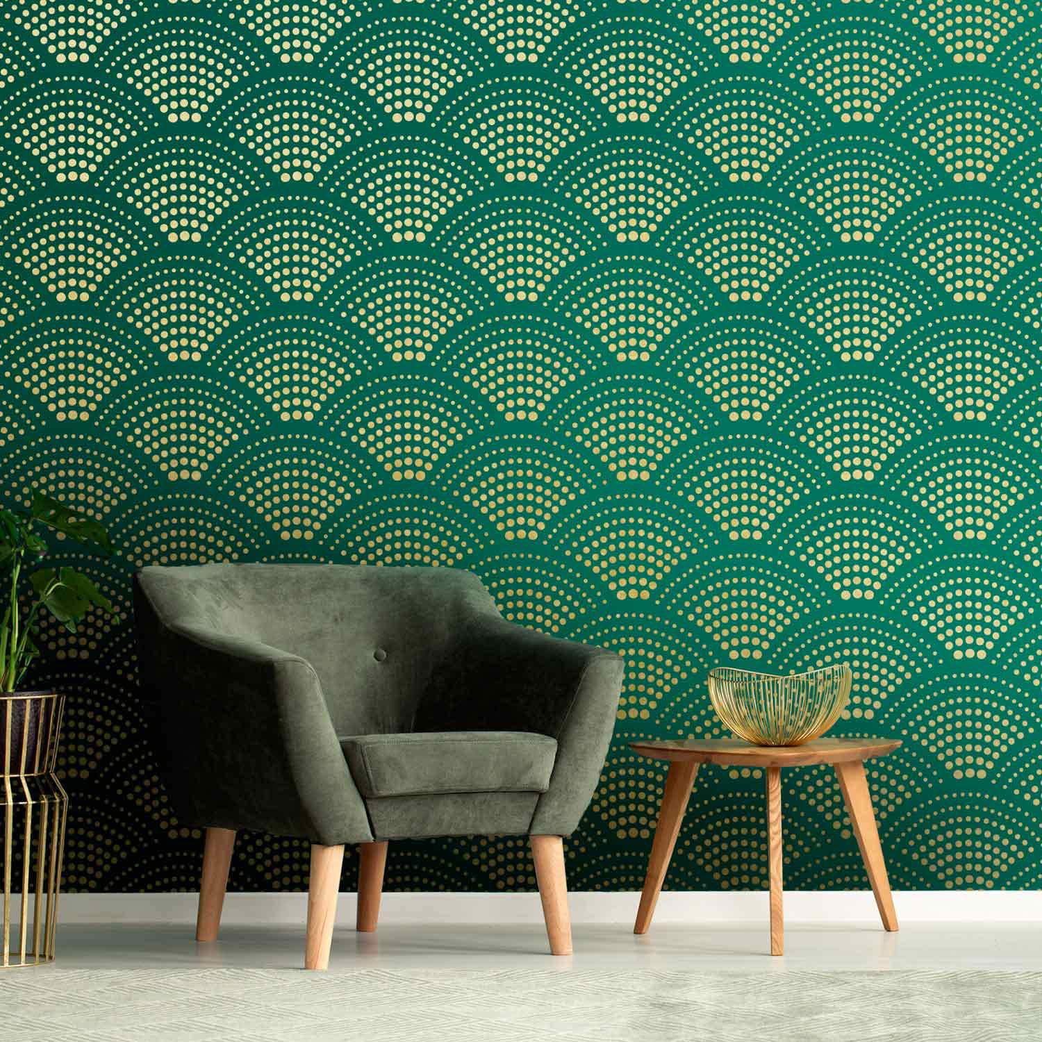 green wall with golden stenciled pattern