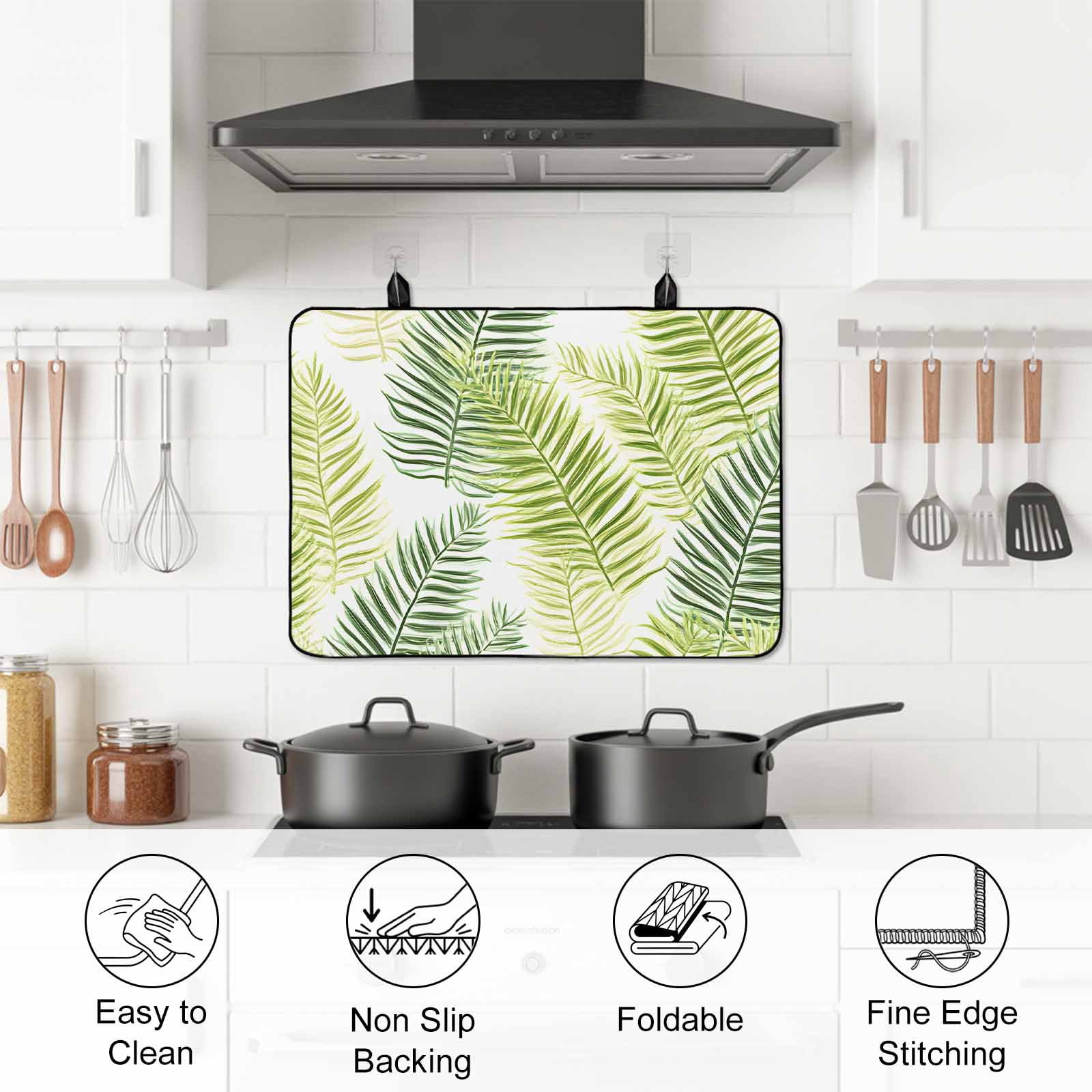 Sage Green Leaves Stove Top Cover for Electric Stove, Heat-proof & Non Slip Glass Top Stove Cover Protector, Summer Botanical Palm Leaf Kitchen Flat Cooktop Rubber Mat 24x21 Inches