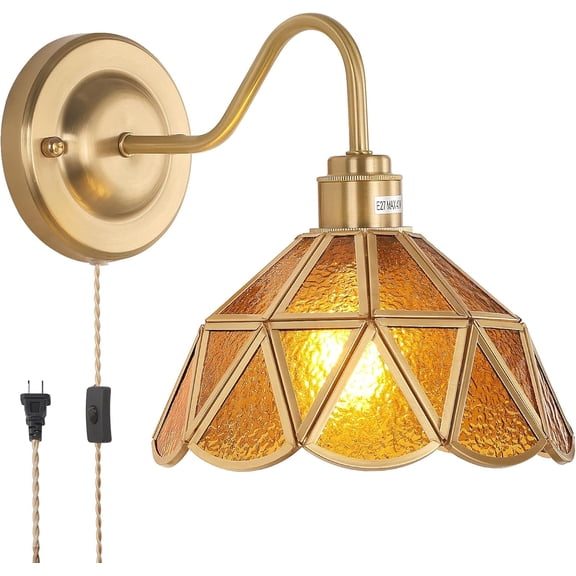 Vintage Wall Sconce, Wall Lamps with Coffee Stone Triangle Checker Sconce, Stained Glass Shade Gold Wall Lights Fixture with Plug in Cord and Switch for Bedroom Bathroom Living Room Hallway