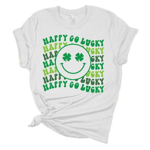 Womens Happy Go Lucky Shamrock Smile Face St. Patricks Day Unisex Fit Short Sleeve T-shirt Graphic Tee-White-medium