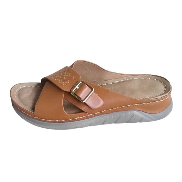 XIAQUJ Ladies Fashion Solid Color Leather Overlay Belt Buckle Decoration Flat Bottom Sandals and Slippers Sandals for Women 2024 Brown 8