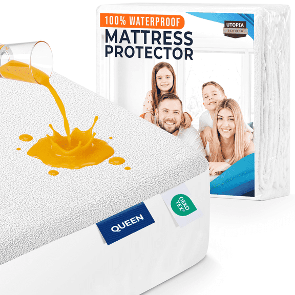 Queen Size Mattress Protector Waterproof, Premium 200 GSM Terry Mattress Cover, Soft & Breathable Bed Cover, Fitted Sheet Style Stretchable Deep Pockets 17" by Utopia Bedding