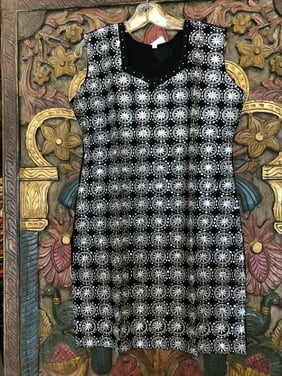 Mogul Black Sleeveless Long Tunic Embroidered Gypsy Hippie Chic Cotton Dress M