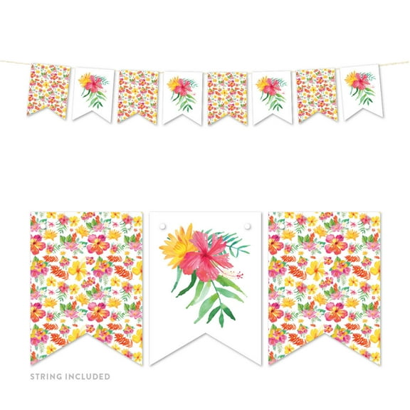 Tropical Floral Garden Party Wedding, Hanging Pennant Party Banner with String, Graphics Only