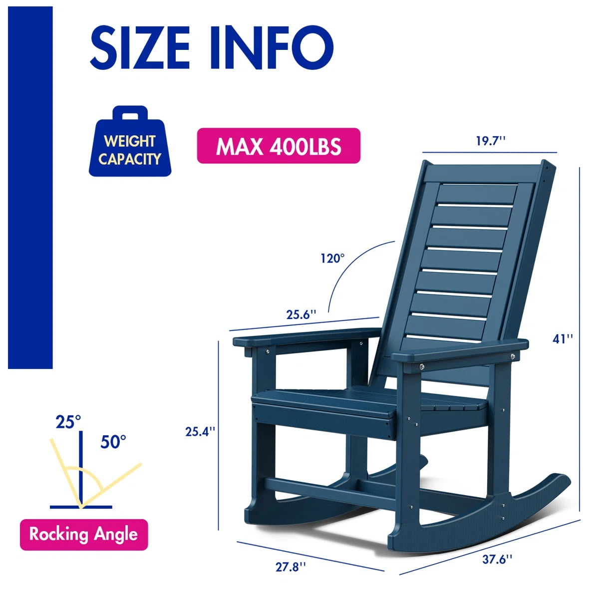 FODINGHILL Outdoor Rocking Chair Set,2 Rocking Chairs with 1 Side Table,HDPE Patio Furniture Sets,High Back Porch Rocker,2-Tier End Table for Backyard Garden Balcony,Blue